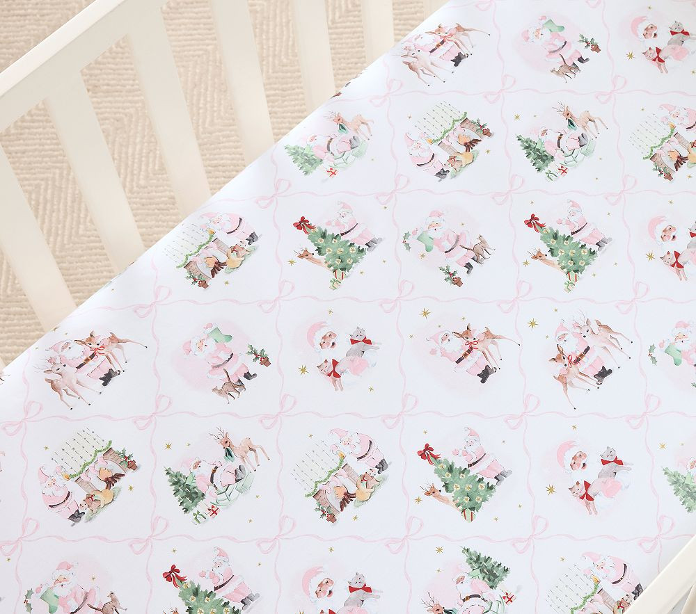 Holly Jolly Blush Santa Organic Crib Fitted Sheet | Pottery Barn Kids