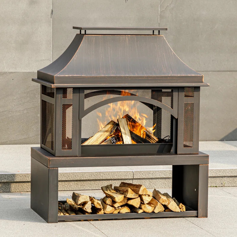 39Inch Outdoor Wood Burning Fire Pit Fireplace with Log Rack | Wayfair North America