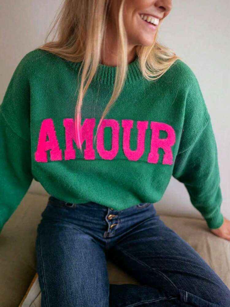 Letter Jacquard Women's Autumn Clothing Round Neck Drop Shoulder Long Sleeve Loose Casual Sweater | SHEIN