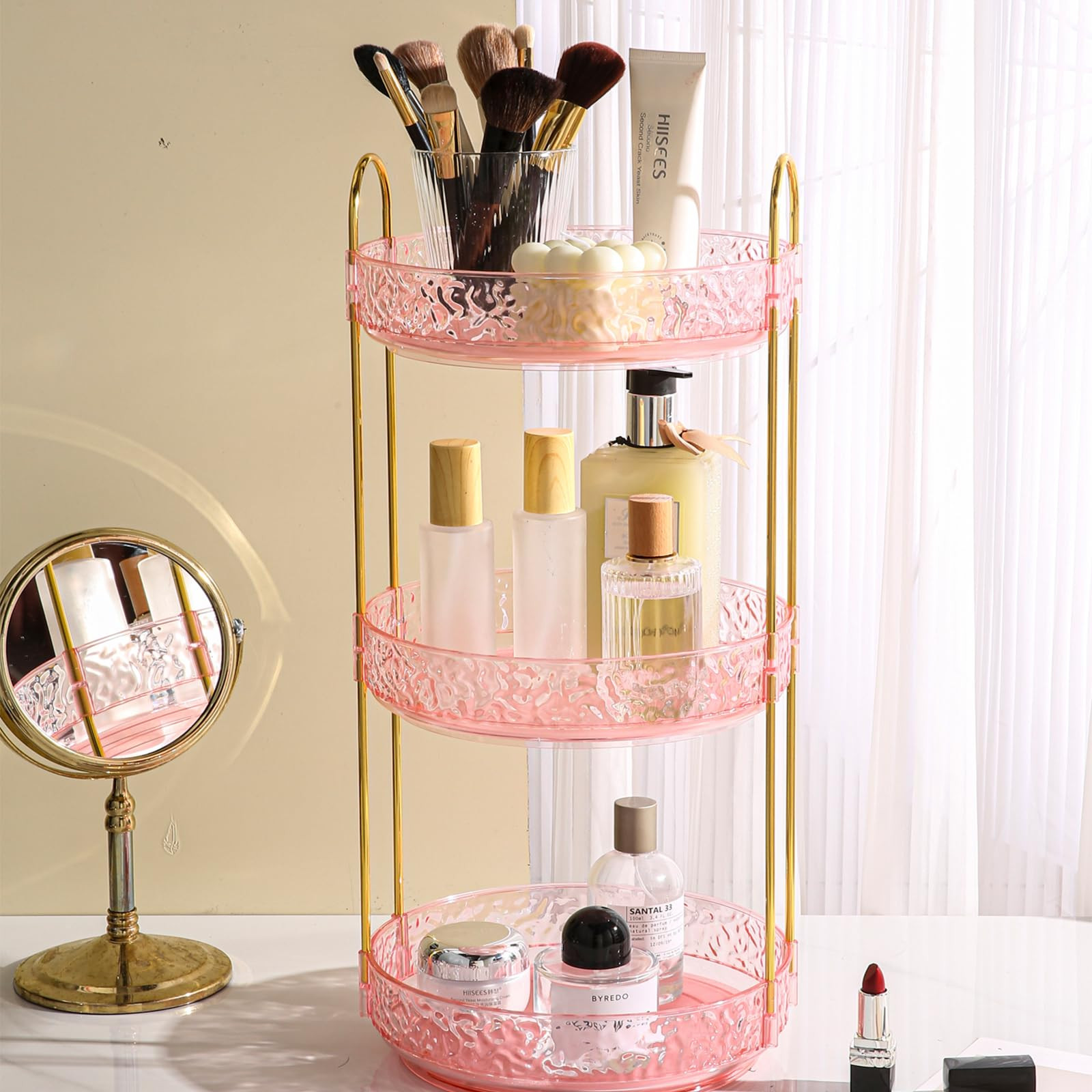 Fangoo 3 Tiers Pink Rotating Makeup Organizer for Vanity, 360 Spinning Skincare Organizers for Dr... | Amazon (US)