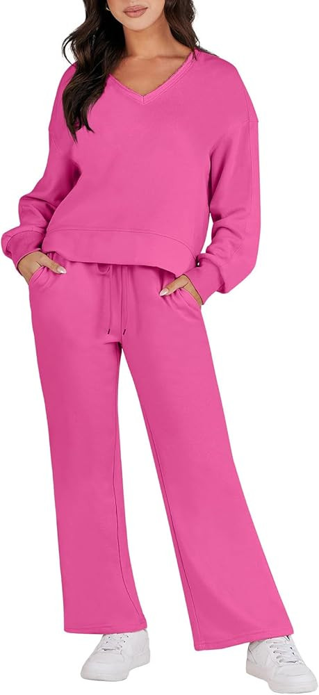Women's Two Piece Outfits Matching Sets Long Sleeve Cropped Tops and Wide Leg Pants Tracksuit Lou... | Amazon (US)