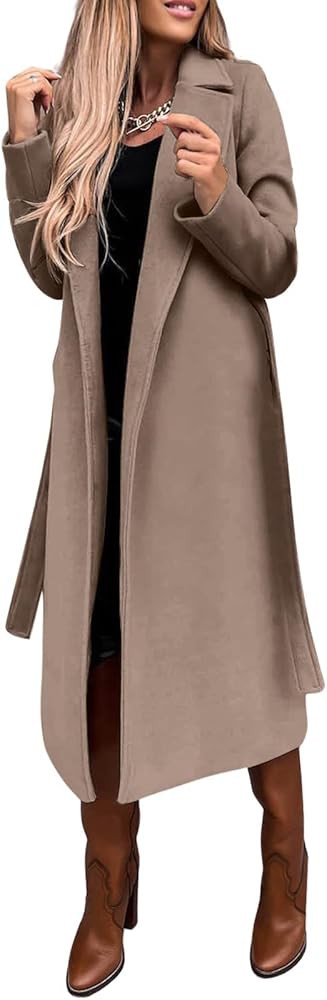 utcoco Womens Long Wool Pea Coats Notched Collar Open Front Woolen Blend Trench Coat with Belt | Amazon (US)