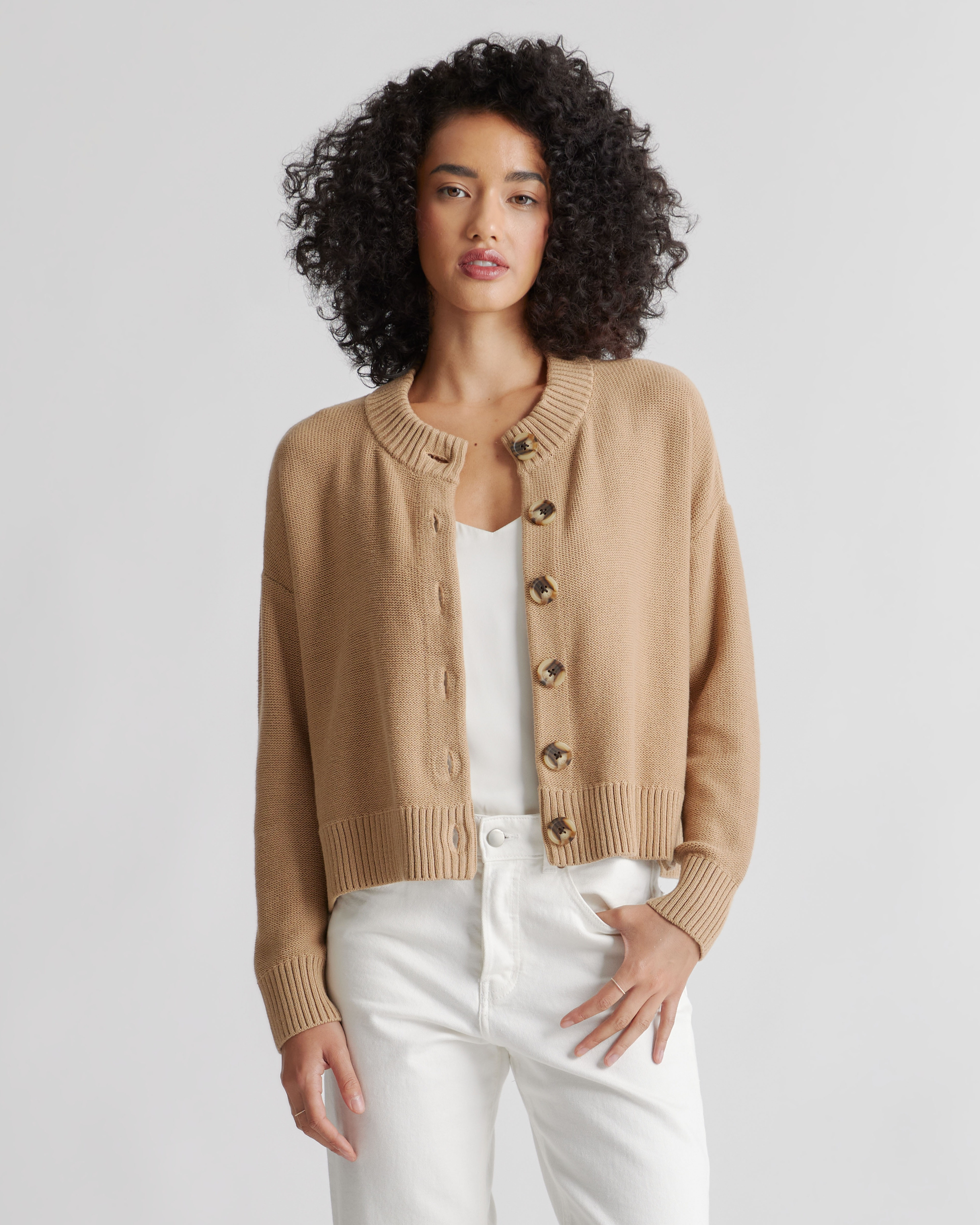 Quince | Women's Cropped Cardigan Sweater in Camel, Size Large, Organic Cotton | Quince