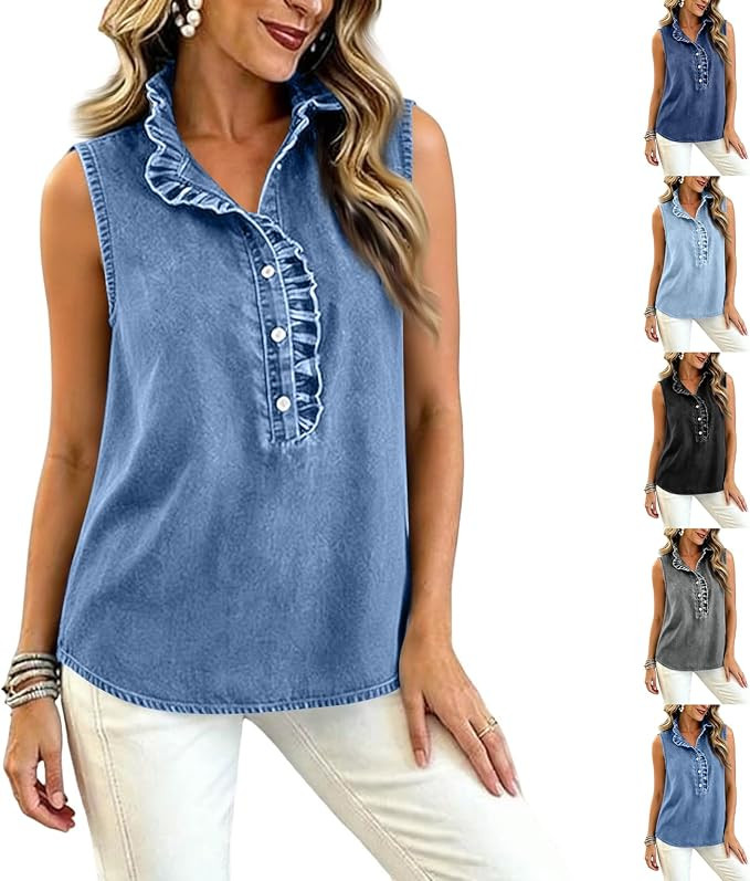 Denim Tank Top Women Ruffle V Neck Sleeveless Denim Shirt Summer Jean Tanks | Amazon (US)