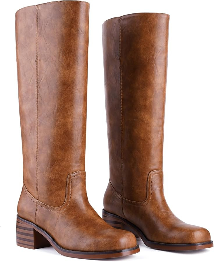 Banana Knee High Boots for Women Square Toe Chunky Block Heel Riding Boots Comfortable Low Heel C... | Amazon (US)