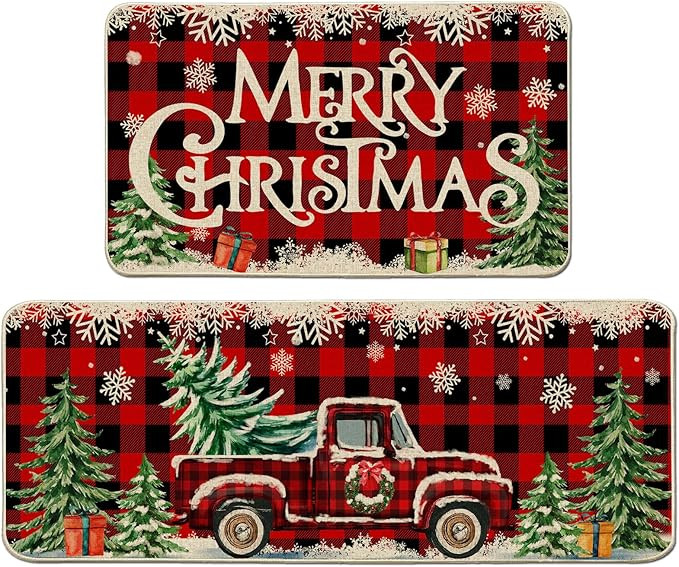 Christmas Kitchen Mats for Floor - Farmhouse Truck Red Buffalo Plaid Christmas Kitchen Decor - Xm... | Amazon (US)
