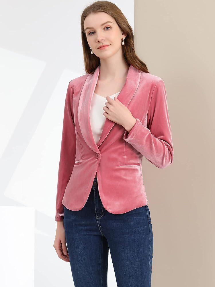 Allegra K Women's Office Coat Solid Shawl Collar 1 Button Velvet Blazer | Amazon (US)