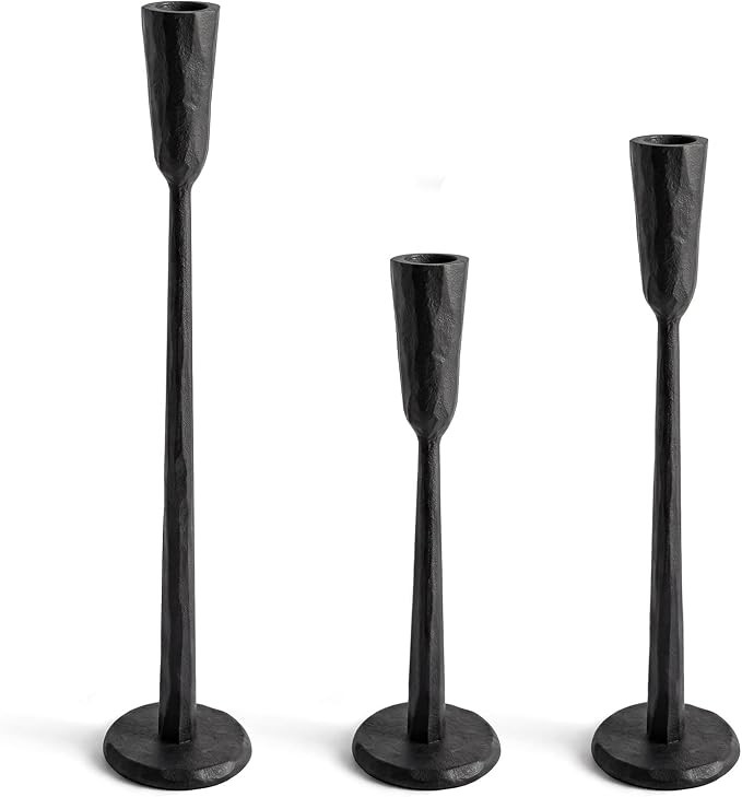 Black Taper Candle Holders Set of 3, Vintage Candlestick Holder | Hammered Metal Finish Heavy Wei... | Amazon (US)