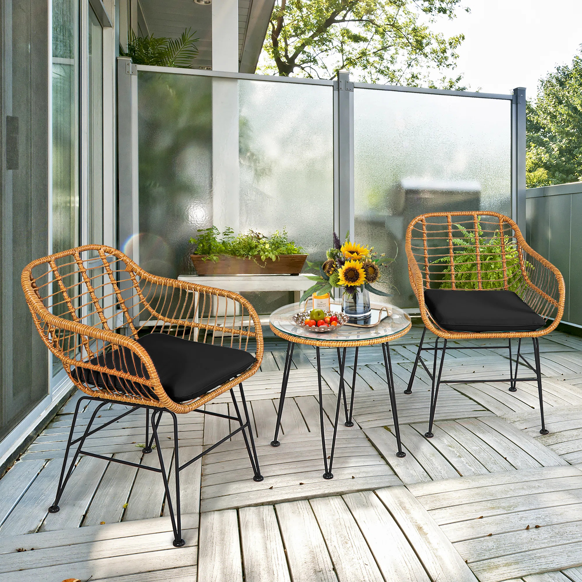 Bayou Breeze 3pcs Patio Rattan Bistro Furniture Set Cushioned Chair Table Black | Wayfair North America