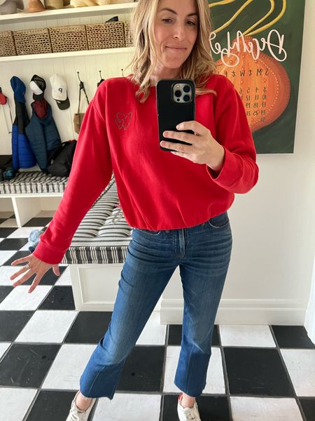Red bubble sweatshirt from Target with cute heart detail. Wearing this now and will through Valentines Day! Wearing a small here. 

#LTKstyletip #LTKSeasonal #LTKHoliday