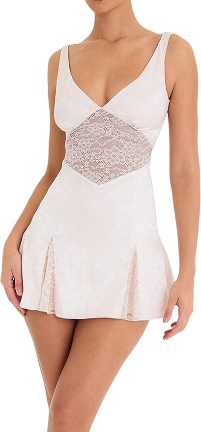 Women Lace Short Bodycon Dresses Vintage Ruffle A-Line Mini Dress Elegant Backless White Sundress... | Amazon (US)