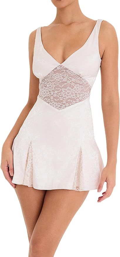 Women Lace Short Bodycon Dresses Vintage Ruffle A-Line Mini Dress Elegant Backless White Sundress... | Amazon (US)
