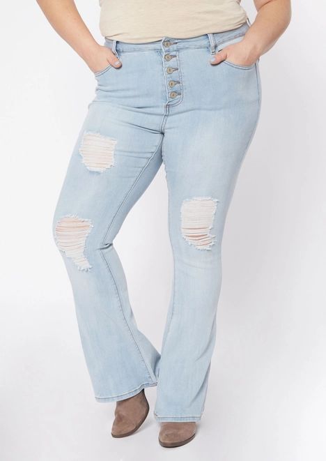 Plus Light Wash Exposed Button Ripped Flare Jeans | rue21