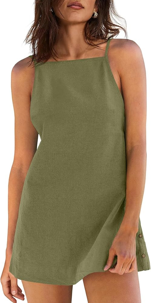 Yanekop Womens Linen Mini Dress Spaghetti Strap Short Beach Summer Dresses Sleeveless Sundress Op... | Amazon (US)