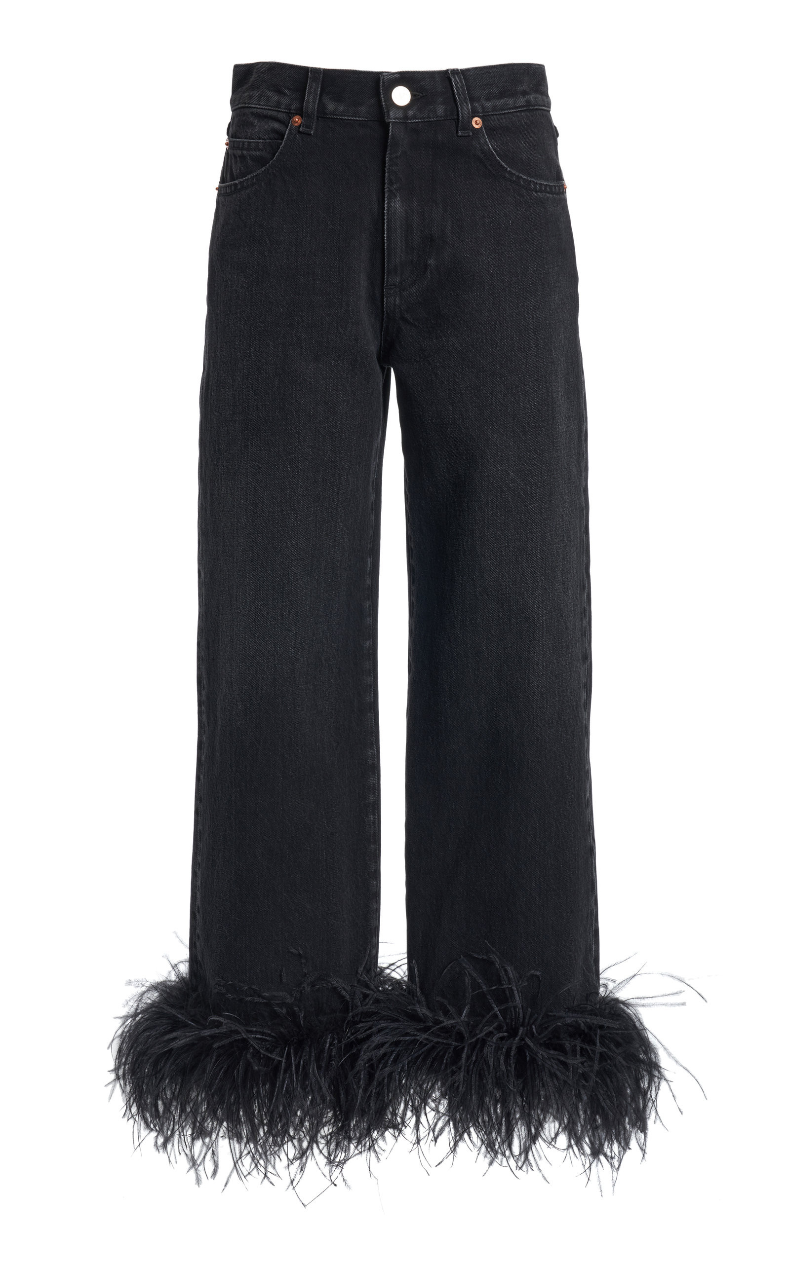 Valentino - Women's Feather-Trimmed Rigid High-Rise Straight Cropped Jeans - Black - 26 - Moda Opera | Moda Operandi (Global)