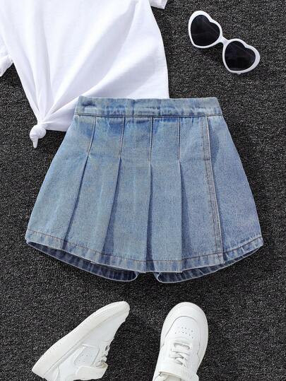 SHEIN Explorewe YOUNG GIRLS Casual Pleated Culotte Shorts. Comfortable Denim Wash Waist Versatile... | SHEIN