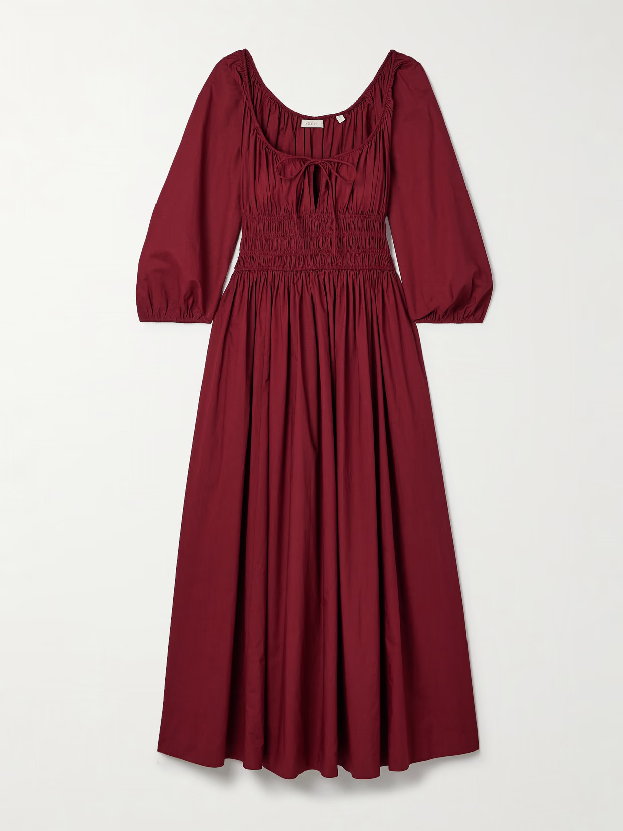 DÔEN - Quintessa Tie-detailed Shirred Organic Cotton-poplin Midi Dress - Burgundy | NET-A-PORTER (US)