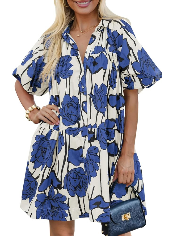 Wenrine Women's Summer Button Down Shirt Dress Floral Puff Short Sleeve Casual Loose Fit Beach Mi... | Amazon (US)