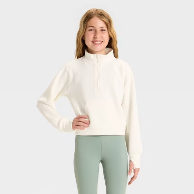 Girls' Airy Sleek Piped 1/2 Zip Pullover Sweatshirt - All In Motion™ Cream XS | Target