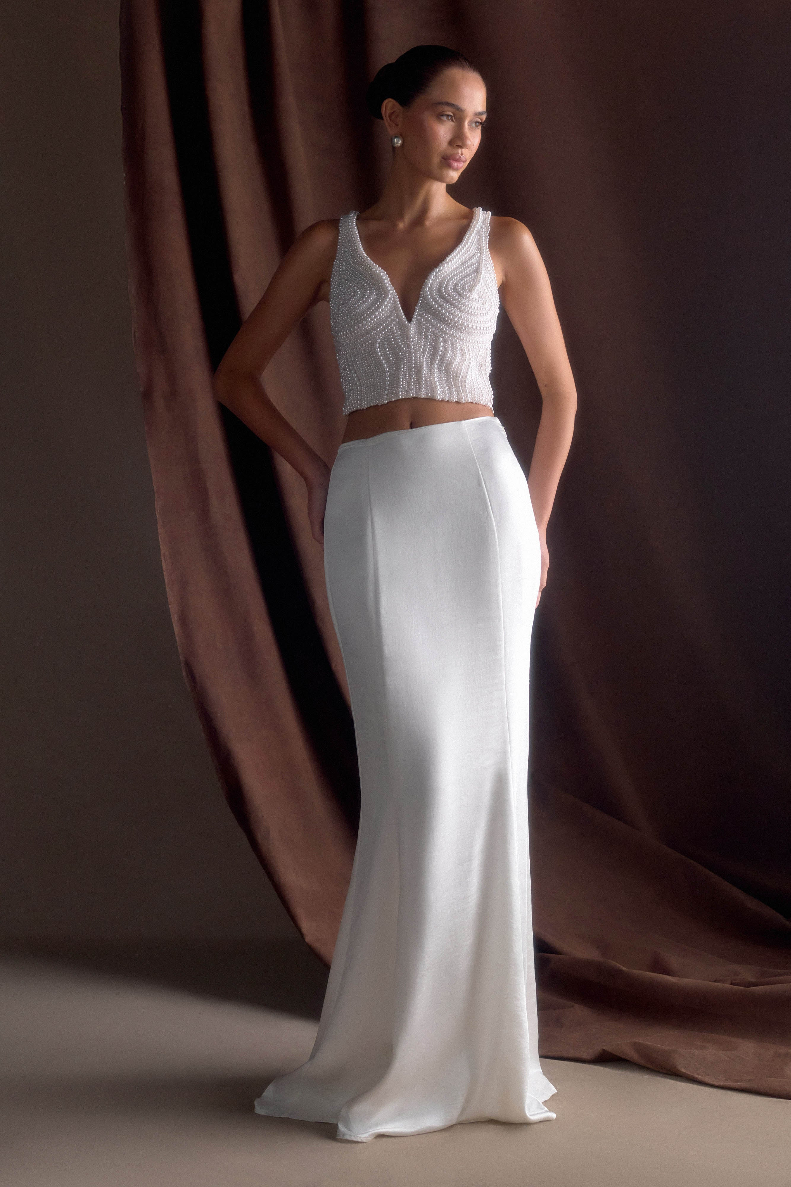 Khloe Satin Fishtail Maxi Skirt - White | MESHKI US