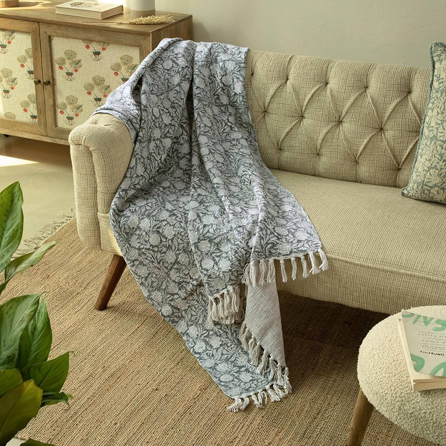 100% Pure Cotton Handblock Printed Throw Blanket, Soft 50" x 60" Fringed Floral Print Throw for C... | Amazon (US)