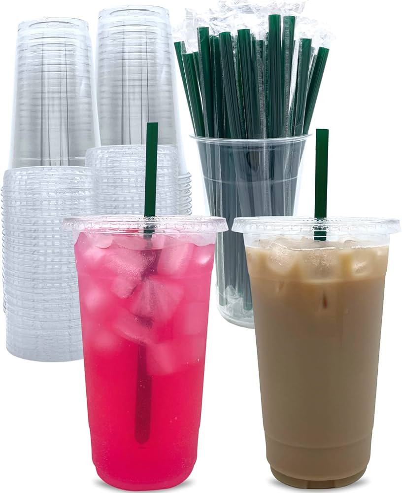 Aatriet [100 Sets] 32 oz Clear Plastic Cups with Lids and STRAWS, Disposable Party Cups for To Go... | Amazon (US)