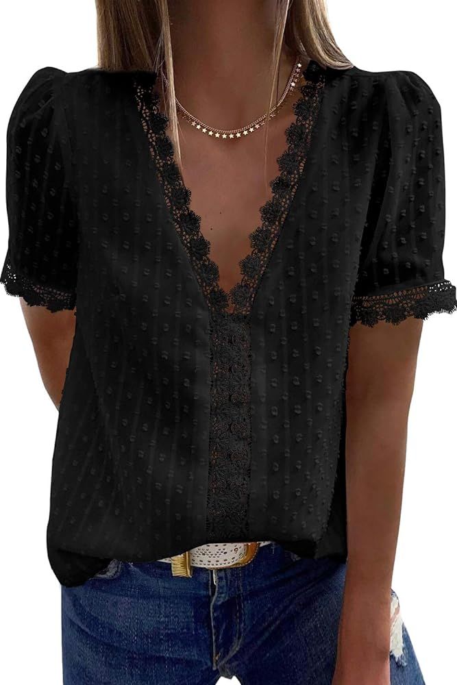 Amkoyam Womens Tops Summer V Neck Lace Tunic Tops Casual Loose Short Sleeve Polka Dot Shirt Blouses | Amazon (US)
