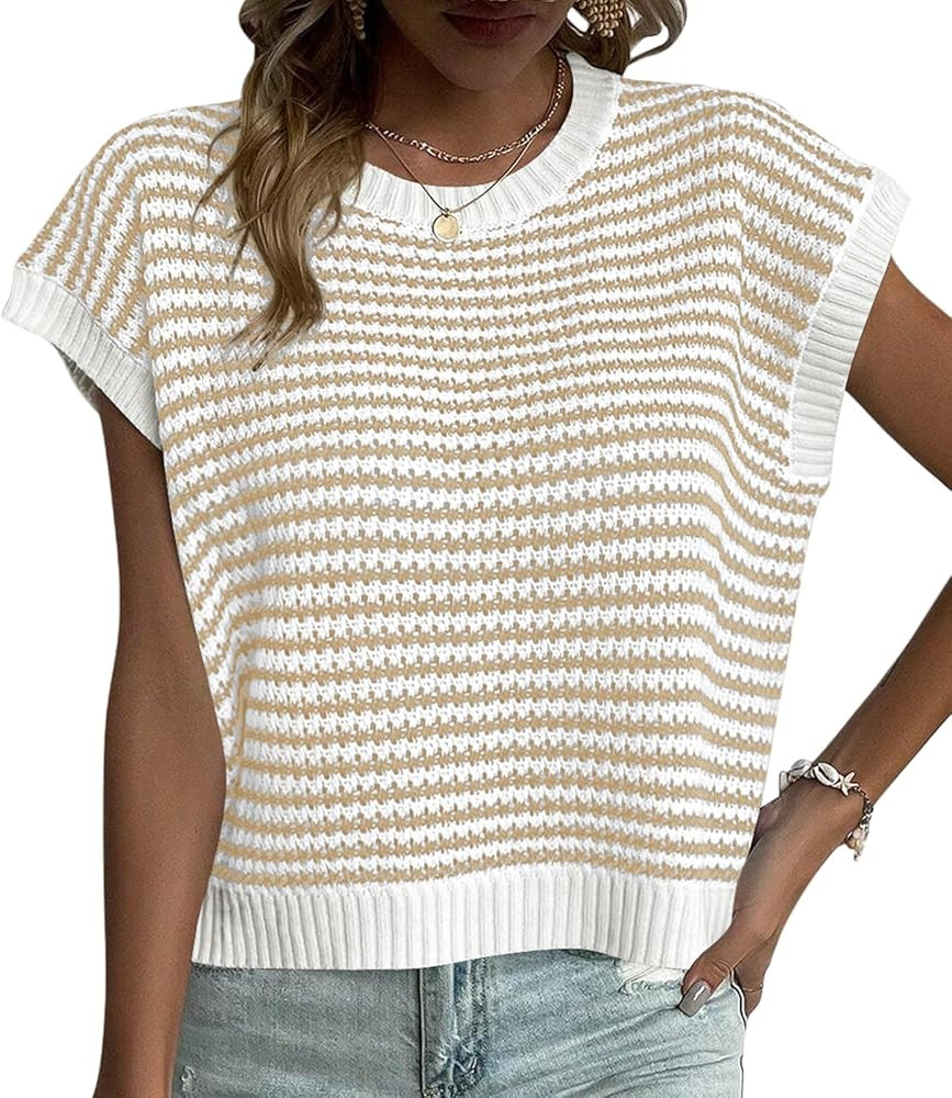 Striped Sweaters for Women Casual Crew Neck Cap Sleeve T-Shirts Trendy Color Block Loose Knitted ... | Amazon (US)
