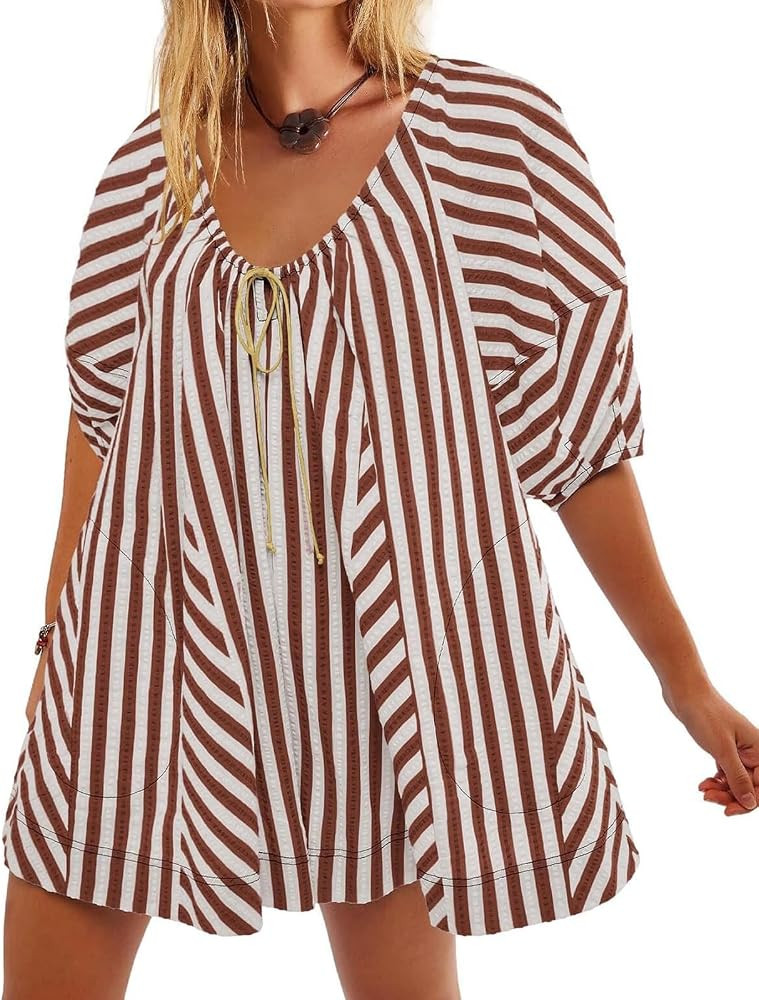 CHARTOU Women Puff Short Sleeve T Shirt Romper Striped Shirt Dress Jumper Loose Babydoll Summer F... | Amazon (US)