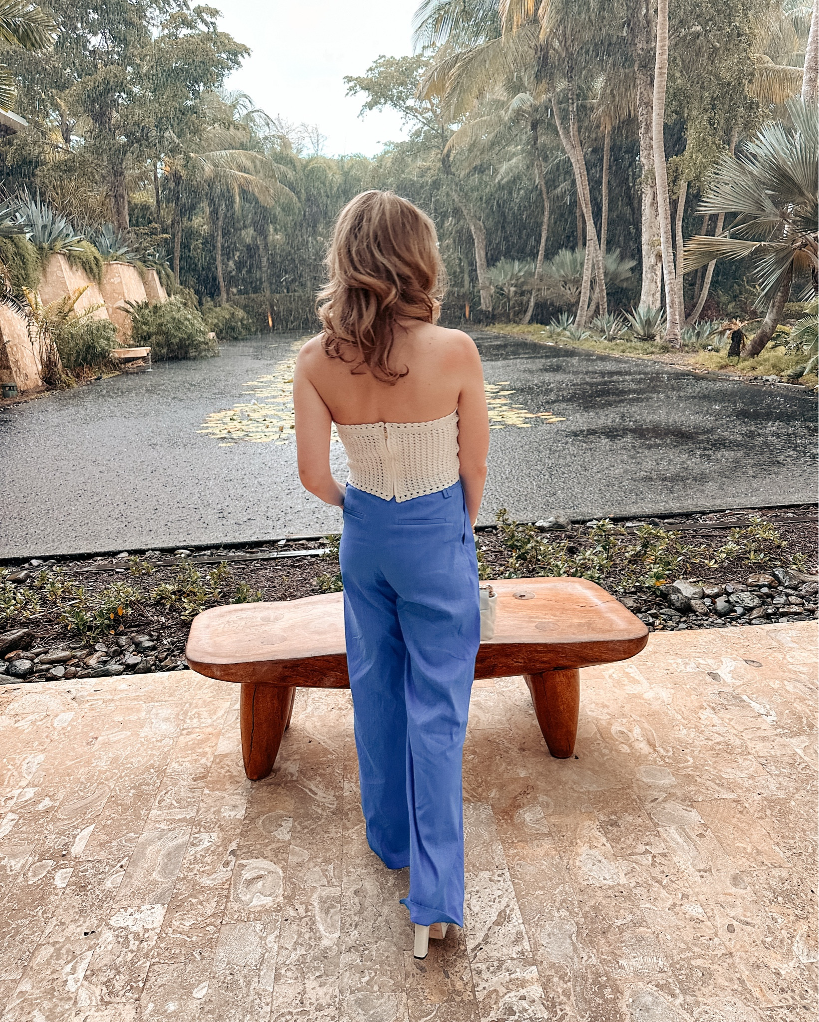 This vacation outfit lives in my head! 

Knit tube top - medium 
Blue linen pants - 4 ( could have sized down) 