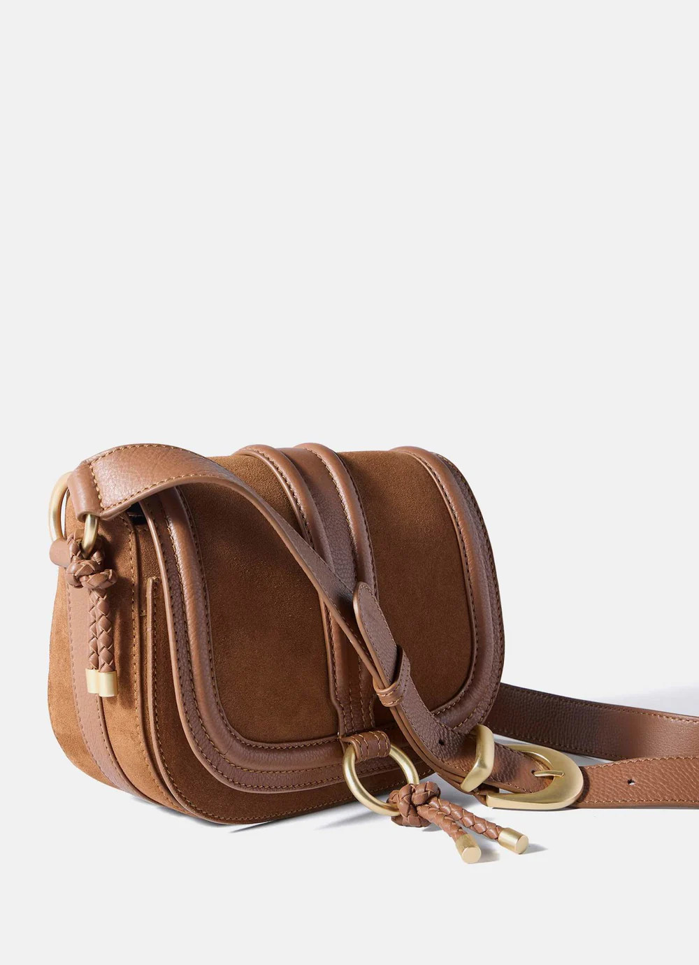 Harper Tan Suede Saddle Bag | Mint Velvet