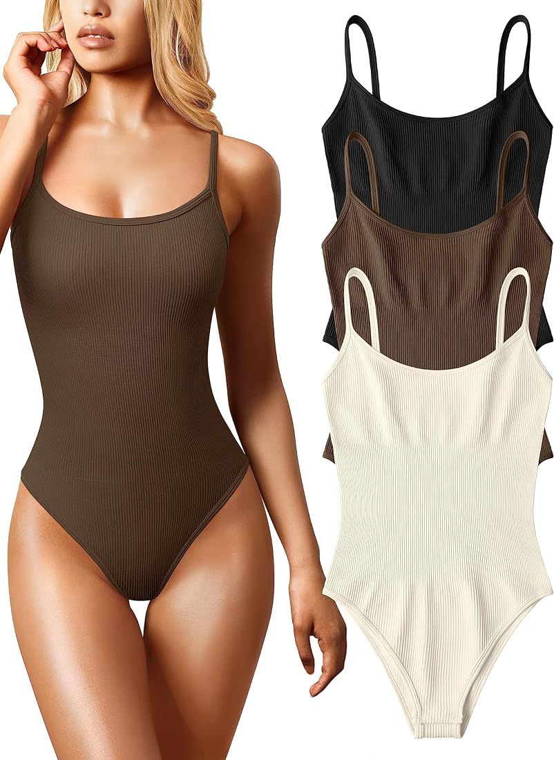 Women's 3 Piece Bodysuits Sexy Ribbed Sleeveless Adjustable Spaghetti Strip Tops Shapewear Bodysu... | Amazon (US)