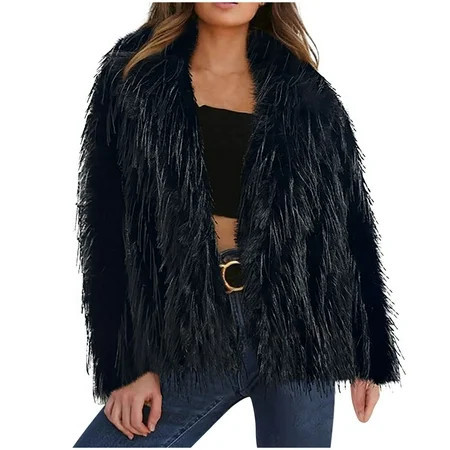 Ashirexll Oversized Faux Fur Jackets for Women Winter Fuzzy Thermal Warm Cropped Coats Fleece Sherpa Soft Jacket Black S | Walmart (US)