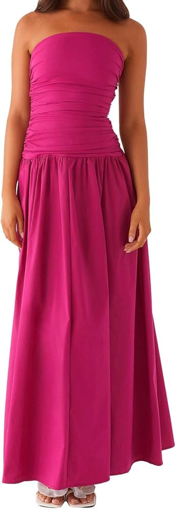 Muineobuka Women Gingham Maxi Dress Summer Strapless Drop Waist Tube Top Off Shoulder Backless We... | Amazon (US)