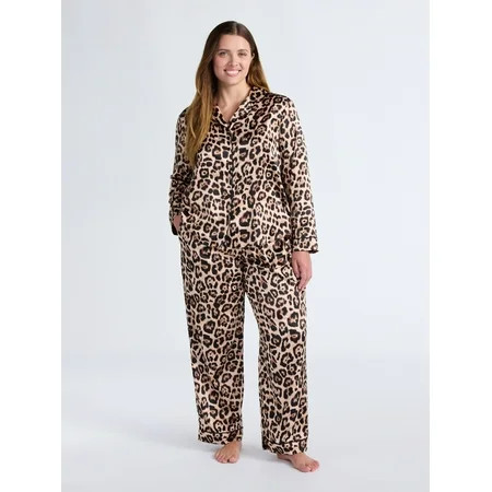 Joyspun Women’s Stretch Satin Notch Long Sleeve Top and Pants Pajama Set 2-Piece Sizes XS-3X | Walmart (US)