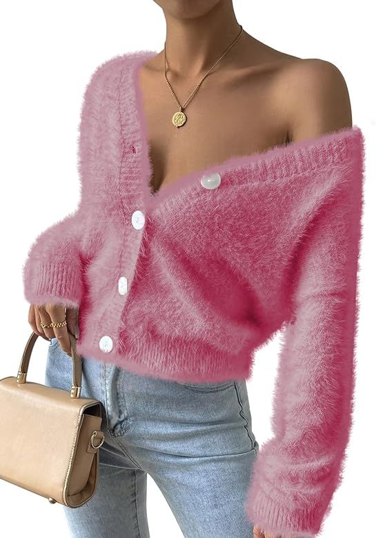 Pink Queen Women's Furry Cropped Cardigan Batwing Sleeves Open Front V-Neck Button Down Loose Kni... | Amazon (US)