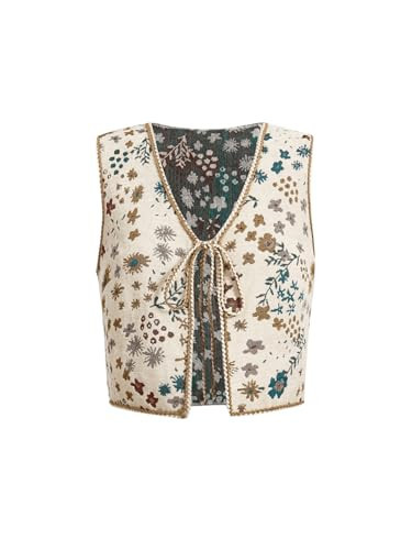 SweatyRocks Women's Floral Embroidered Tie Front Crop Vest Tops Boho Country Concert Cowgirl Western Outfits Apricot Small | Amazon (US)