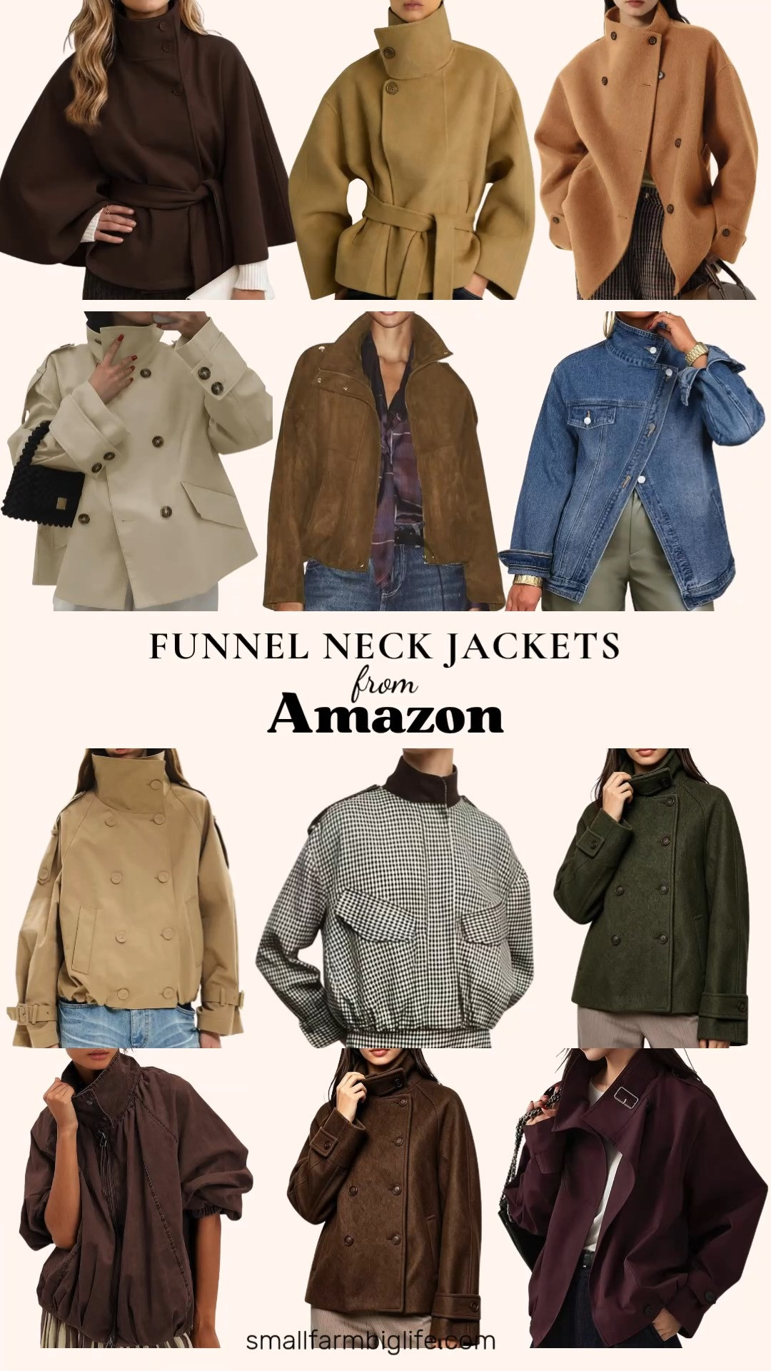 Funnel neck jackets are trending for fall and this lineup has every color and silhouette you could want. From cropped wool blend coats in army green and brown to a belted khaki pea coat and an oversized cropped trench in light khaki, there is a fit for every fall wardrobe. Loving the burgundy vintage trench with the turtleneck crop style, plus the camel wool trench for something more classic. For streetwear vibes, the black gingham plaid bomber and the coffee brown oversized funnel neck bomber are both standouts. Rounding it out with a brown wool cape coat for an easy throw on layer, a faux suede funnel neck jacket with shoulder straps, and a medium blue vintage washed denim jacket for something more casual.

#fallfashion #fallcoats #funnelneckjacket #amazonfashion #falloutfits 

 #LTKootd #LTKOver40 #LTKWorkwear