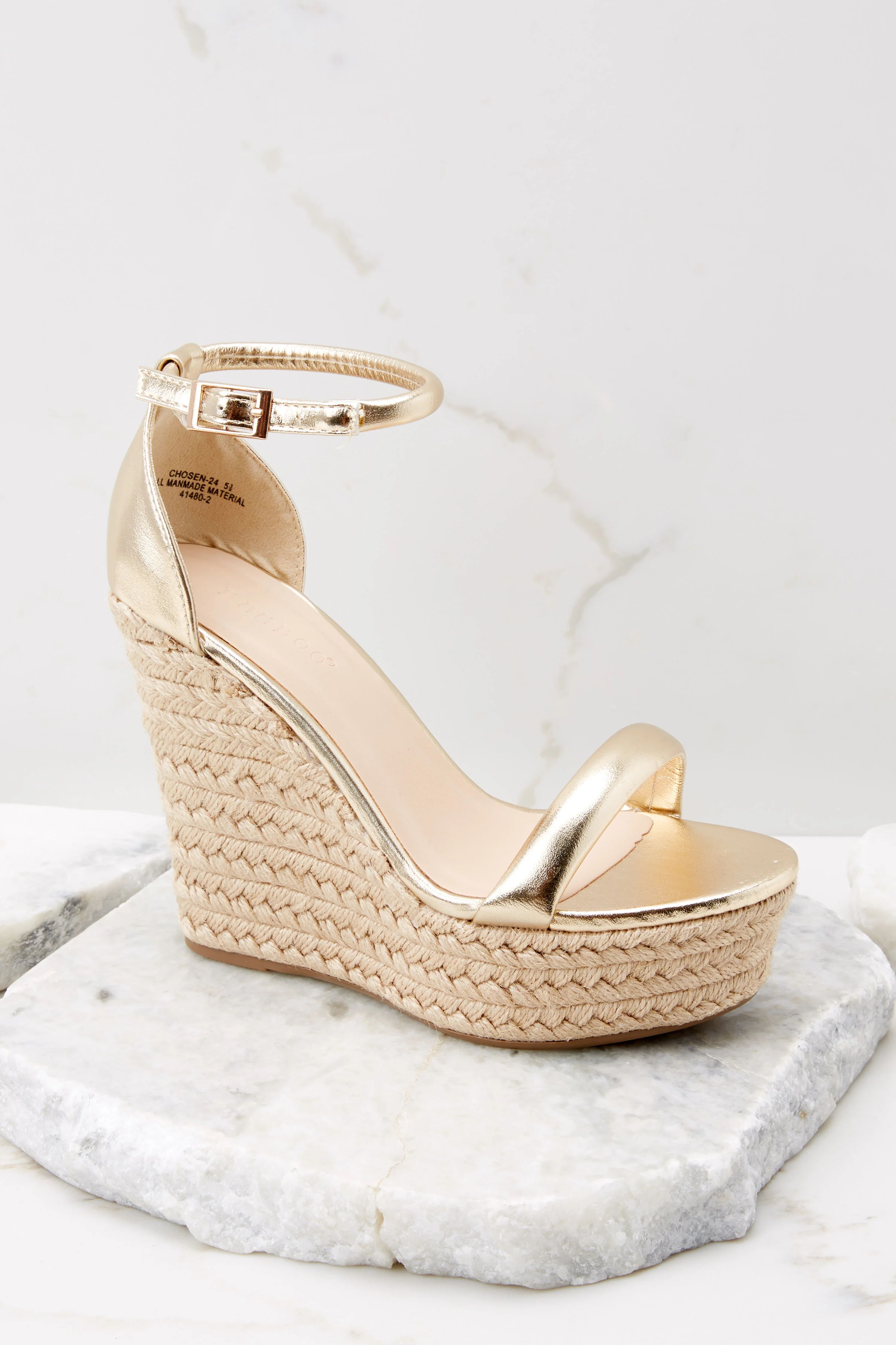 Evening Essential Gold Wedge Sandals | Red Dress 