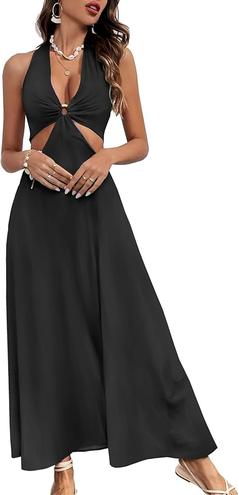SPORLIKE Women V-Neck Long Dress Cut Out Bohemian Sundress Tropical Bodycon Maxi Dress | Amazon (US)