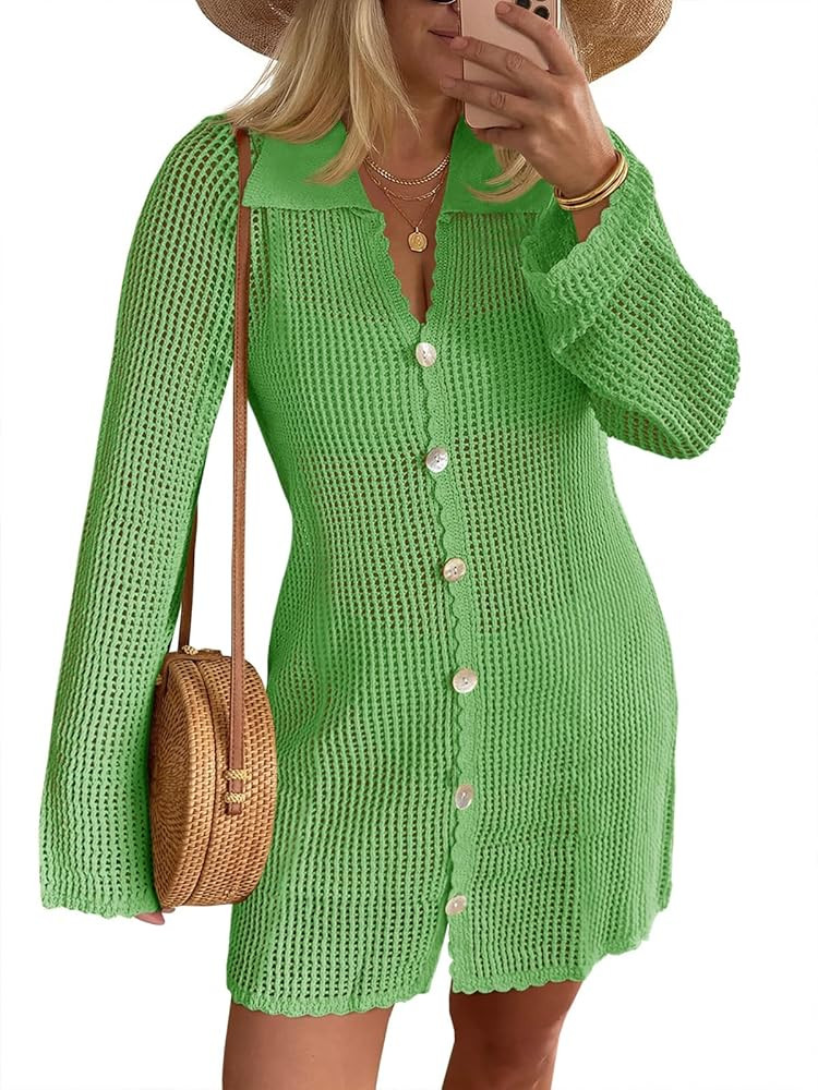 Saodimallsu Womens Crochet Swimsuit Coverup Button Down Long Sleeve Cardigan Mini Dress Beach Cov... | Amazon (US)