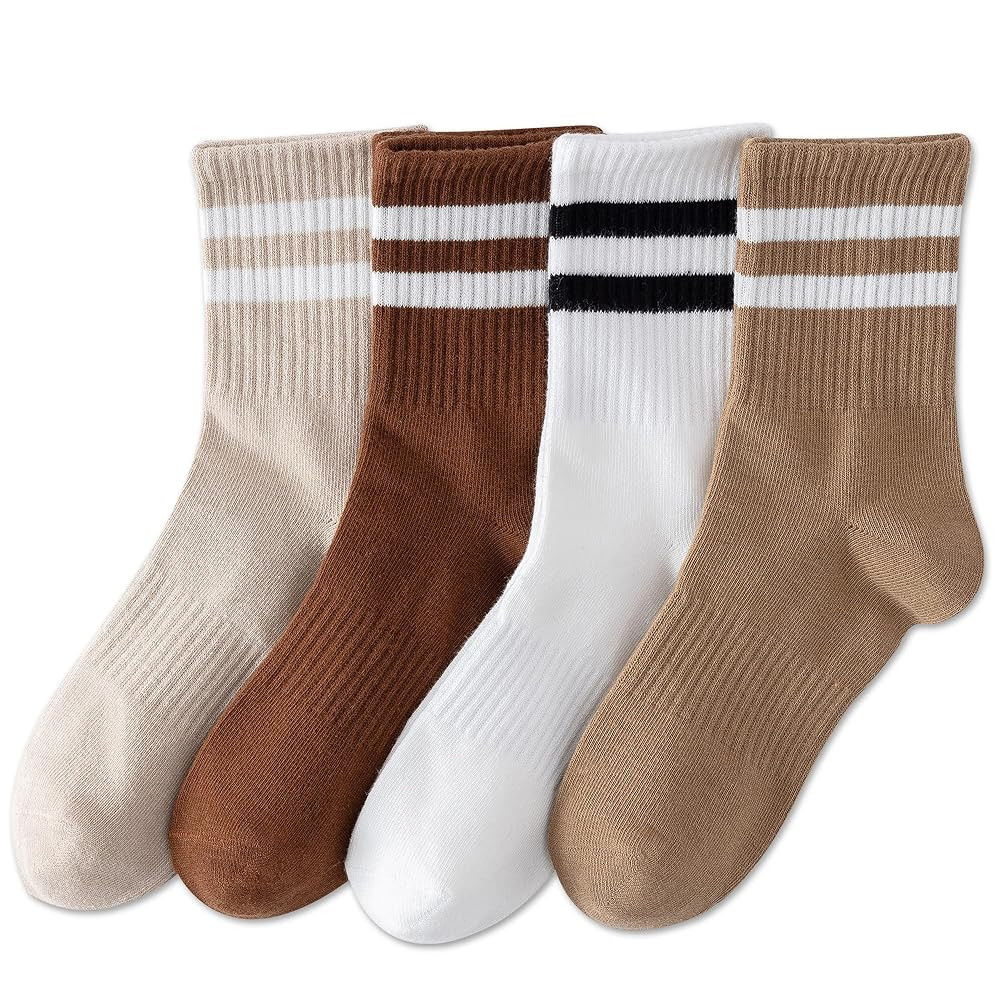 YUWELL Womens Striped Crew Socks, Cotton Cozy Casual Socks for Women 4 Pairs, Size 5-10 | Amazon (US)