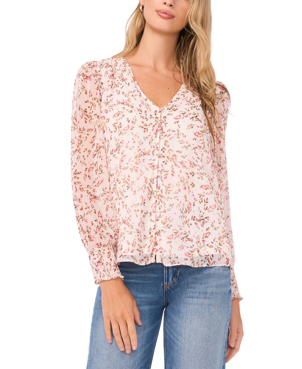 Sam & Jess Women's V-Neck Button-Front Smocked-Shoulder Top - Rose Gauze | Macy's