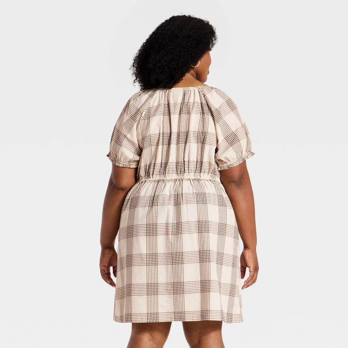 Women's Plus Short Sleeve Front Tie Plaid Mini Dress - Ava & Viv™ Brown XXL | Target