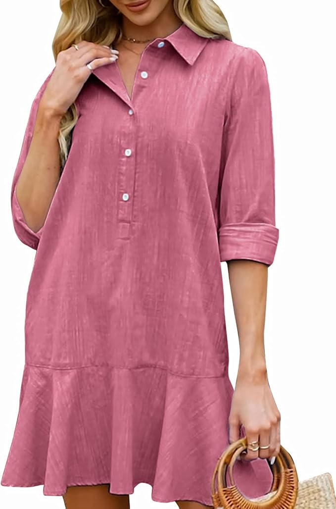 YEXPINE Women's Tunic Mini Shirt Dress Cotton Linen Long Sleeve Button Up Ruffle Hem Loose Casual... | Amazon (US)