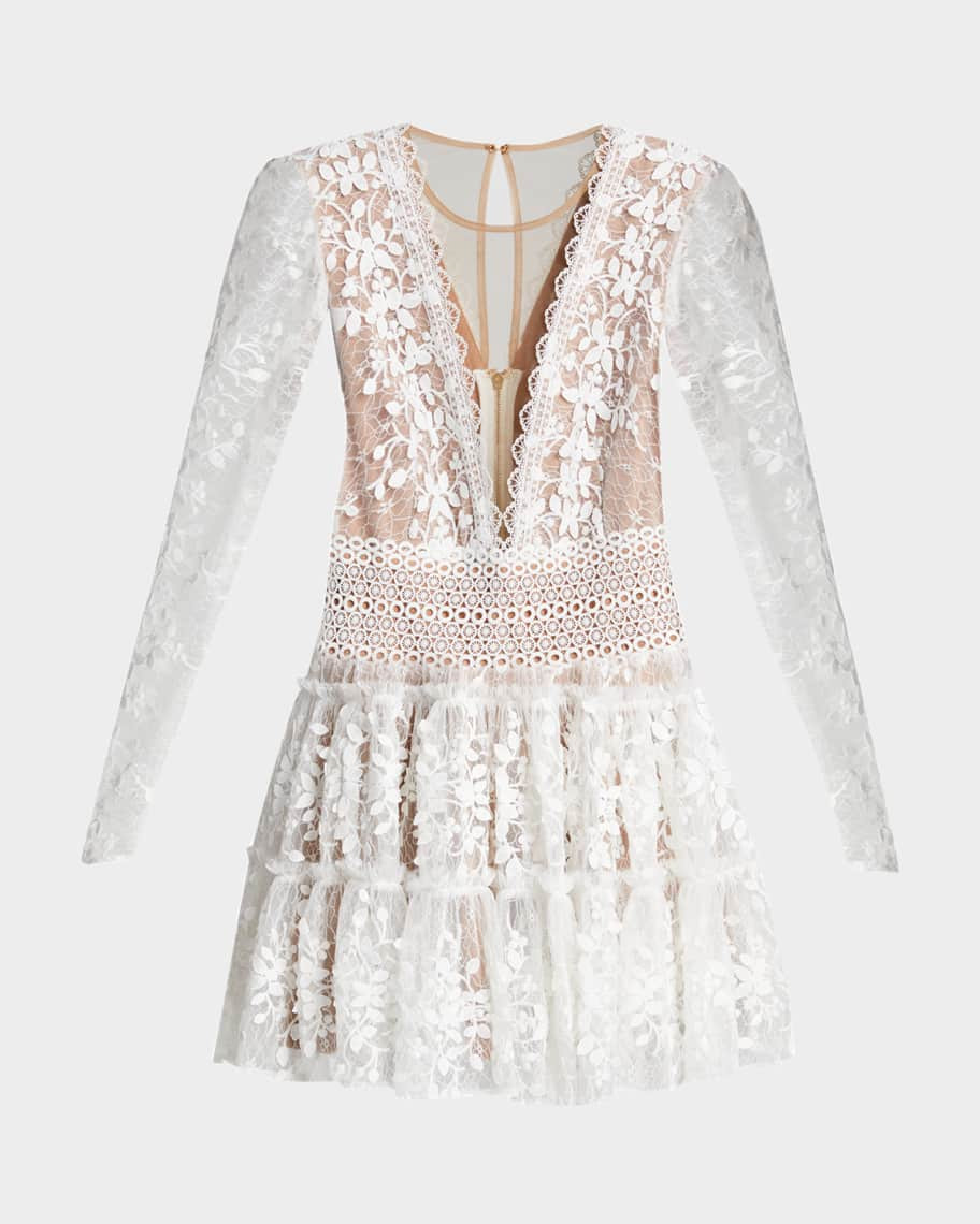 Bronx and Banco Megan V-Neck Illusion Tiered Lace Dress | Neiman Marcus