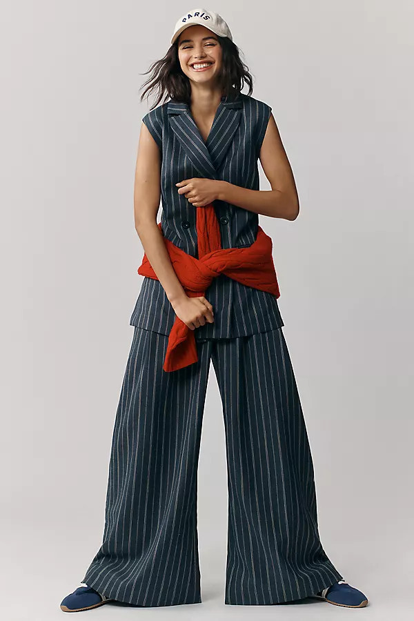 Pinstripe Wide-Leg Yarn-Dyed Trousers Pants | Anthropologie (US)