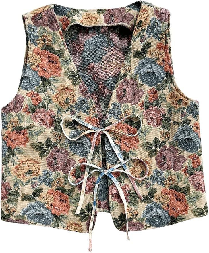 GORGLITTER Women's Floral Bow Tie Front Vest Vintage V Neck Sleeveless Tank Top | Amazon (US)