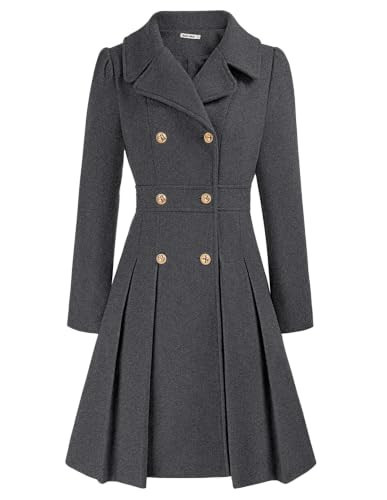 Women Charcoal Swing Double Breasted Pea Coat Autumn Lapel Dress Outwear S | Amazon (US)