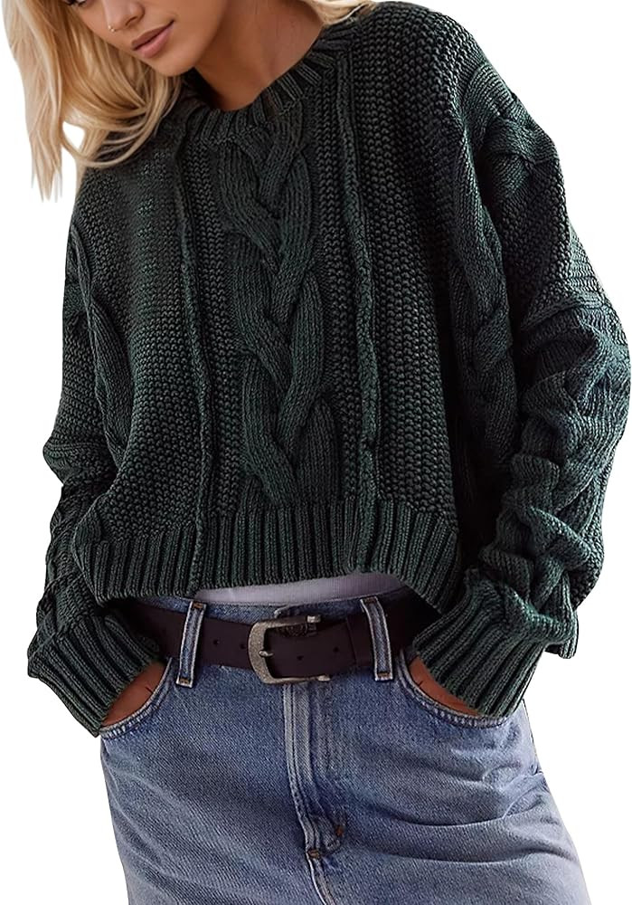 MISSACTIVER Women Loose Cable Knit Crop Sweater Crew Neck Long Sleeve Chunky Knitted Pullovers Co... | Amazon (US)